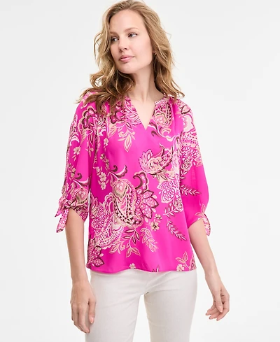 Jones New York Women's Paisley-Print Tie-Sleeve Blouse