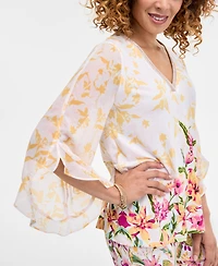 Jm Collection Women's Printed Embellished V-Neck Ruffle-Sleeve Top, Exclusively at Macy's
