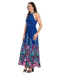 London Times Women's Shirred Halter Keyhole Maxi Dress