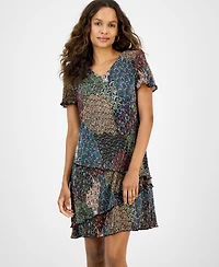 Connected Petite Printed Asymmetric Tiered V-Neck Dress