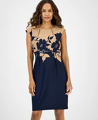 Connected Petite Two-Tone Cut-Out Belted Sheath Dress