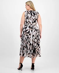 Sandra Darren Plus Belted Printed Sleeveless Midi Dress