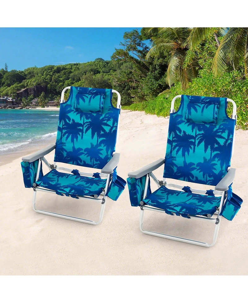 Costway 2-Pack Folding Backpack Beach Chair 5-Position Outdoor Reclining Chairs with Pillow