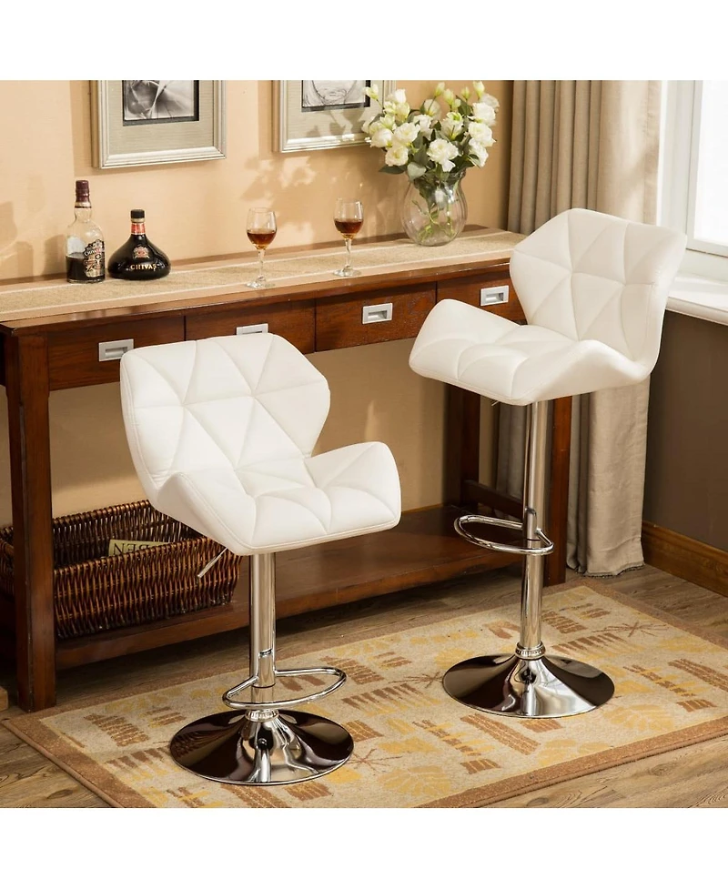 Set of 2 Adjustable Swivel Bar Stools with Diamond-Tufted Faux Leather Seats, Footrest, and Chrome Base for Kitchen or Home Bar-The Pop