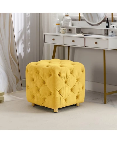 Velvet Upholstered Cube Ottoman with Tufted Design, Hidden Storage, Gold Legs, Footstool for Living Room or Bedroom-The Pop Home