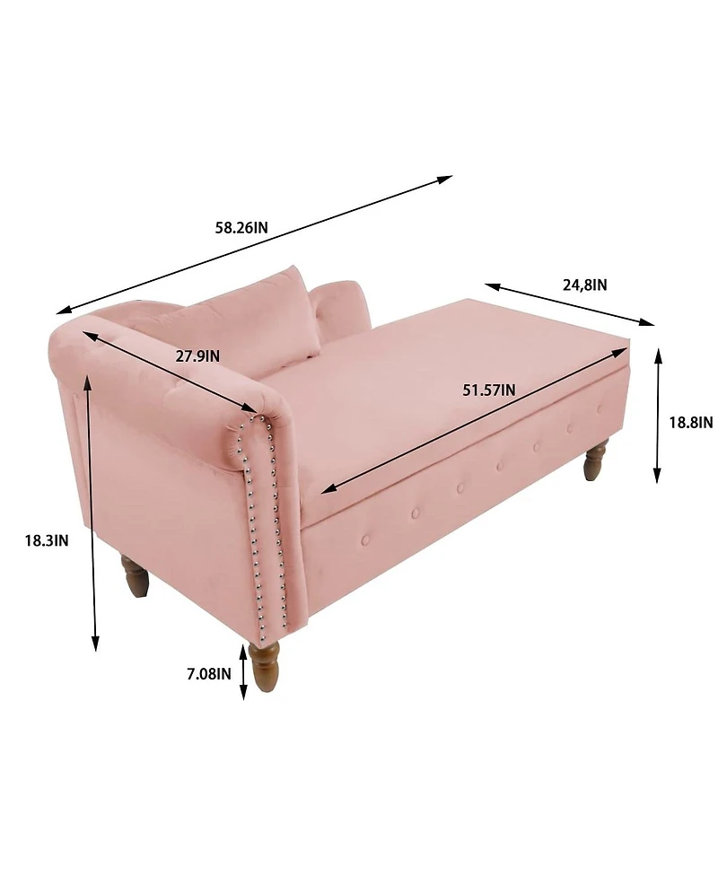 Velvet Upholstered Chaise Lounge with Storage and Pillow, Tufted Rolled Arm Chair Nailhead Trim for Living Room or Bedroom-The Pop Home