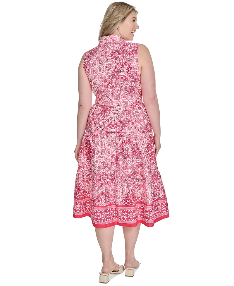 Jessica Howard Plus Printed Tie-Waist Sleeveless Midi Dress