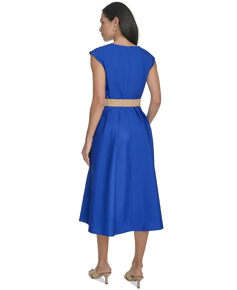 Jessica Howard Petite Cotton V-Neck Belted Midi Dress