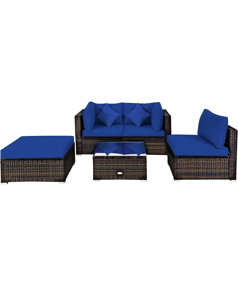 Gymax 5PC Rattan Patio Conversation Set Outdoor Furniture Set w/ Ottoman Cushion