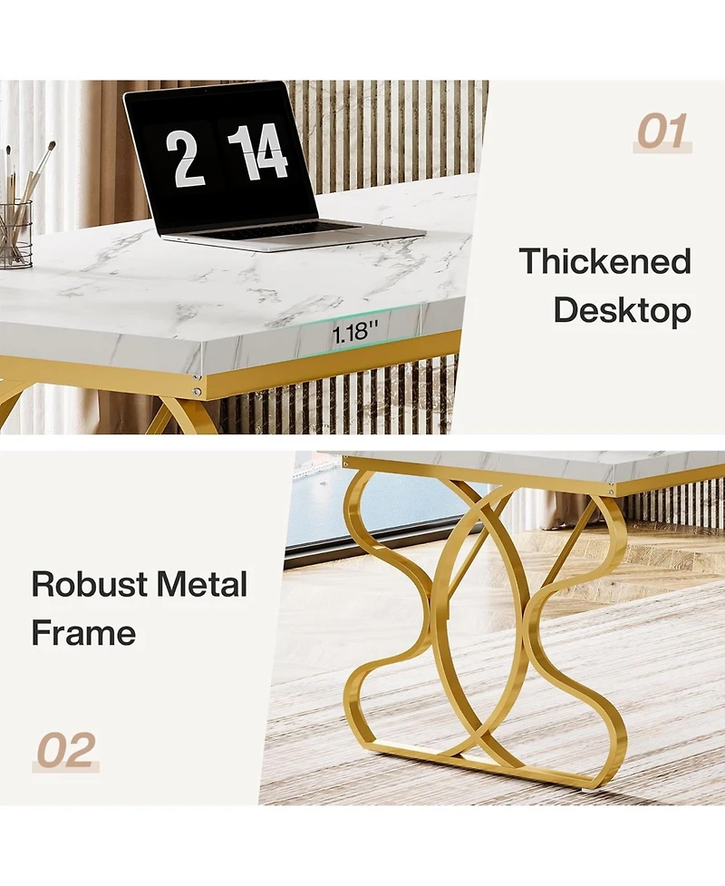 Tribesigns 63-Inch Computer Desk, Modern Executive Desk with Gold Metal Legs, Large Sturdy Writing Table for Home Office, White and Gold