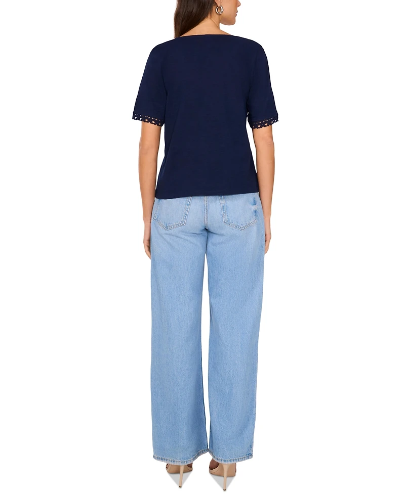 Vince Camuto Women's Cotton V-Neck Crochet-Trim Top