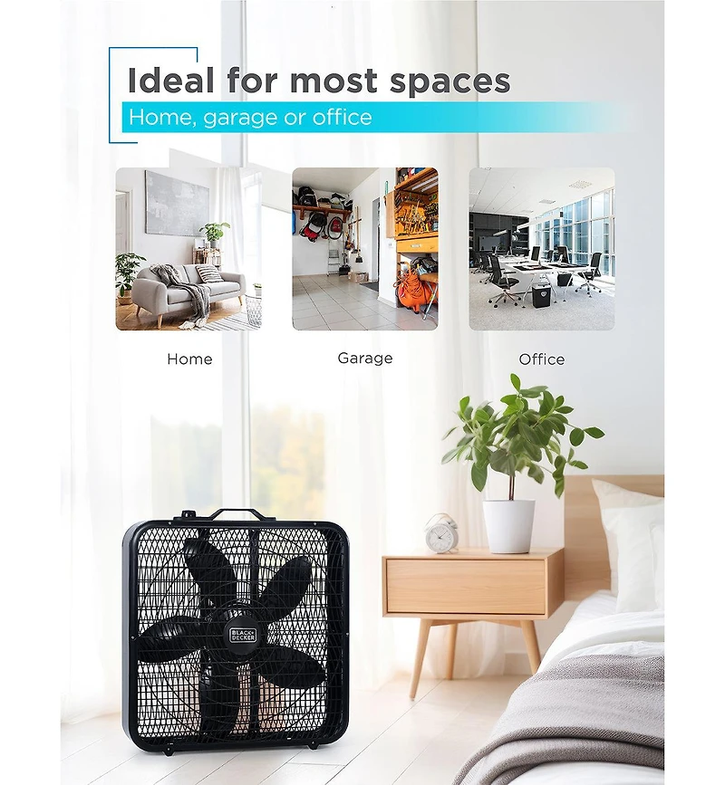 Black+Decker 20” Box Fan with 3 Speed Settings, Powerful 80W Motor, 5-Blade Box Fan with Carry Handle, Black