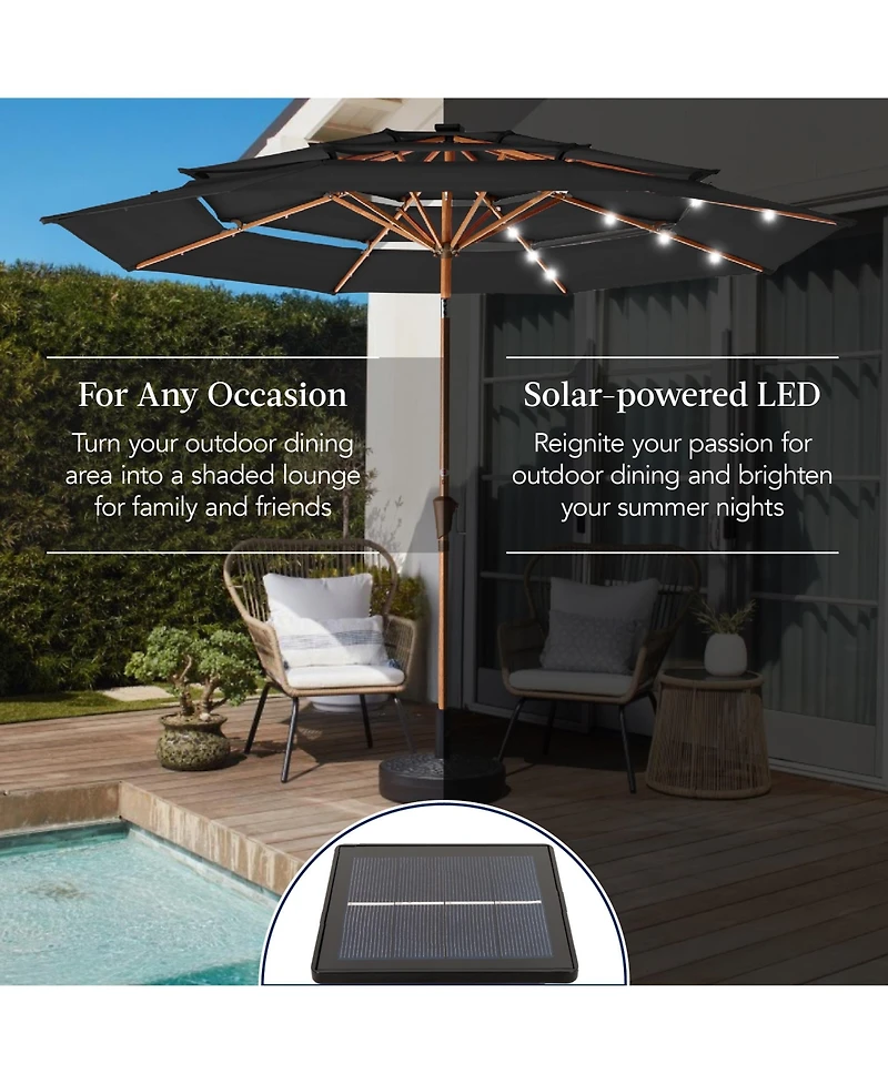 Best Choice Products Woodgrain Pattern 10ft 3-Tier Solar Patio Umbrella w/ 24 Led Lights