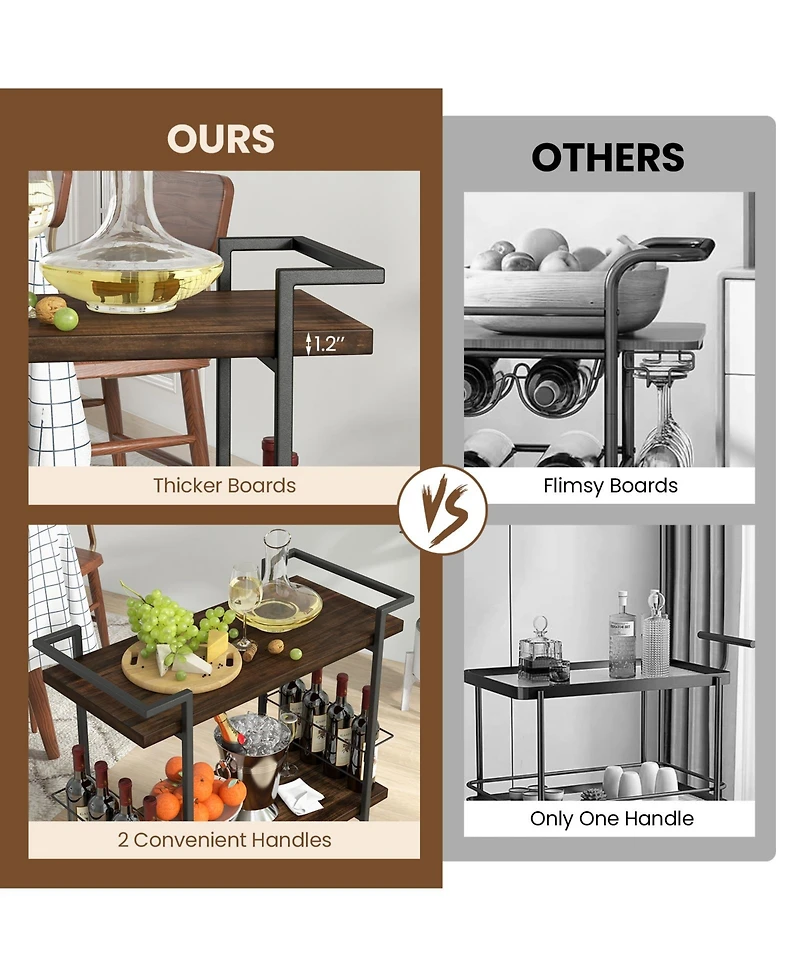 2-tier Home Bar Cart with Lockable Wheels and Heavy-Duty Metal Frame
