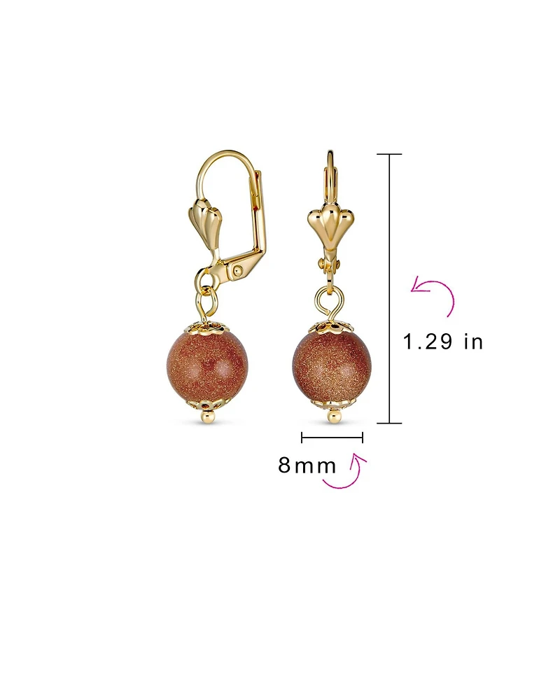 Bling Jewelry Classic Elegant Simple Round Natural Stone Dangle Lever Back Drop Ball Earrings Polished Yellow Gold Plated Brass 8MM
