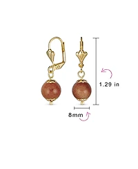 Bling Jewelry Classic Elegant Simple Round Natural Stone Dangle Lever Back Drop Ball Earrings Polished Yellow Gold Plated Brass 8MM