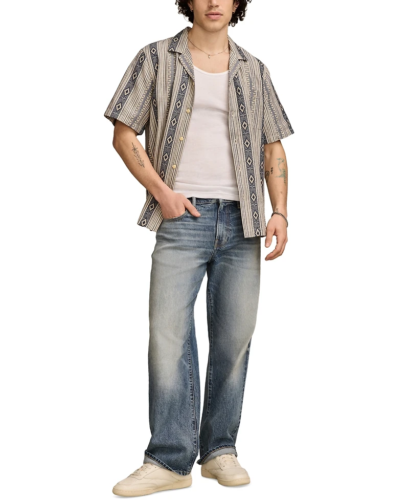 Lucky Brand Men's Relaxed Fit Short Sleeve Textured Striped Button-Front Camp Shirt