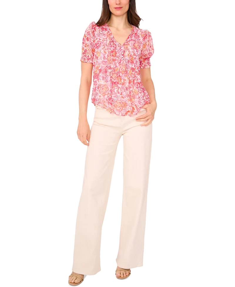 Sam & Jess Petite Printed Puff-Sleeve Pintuck Blouse