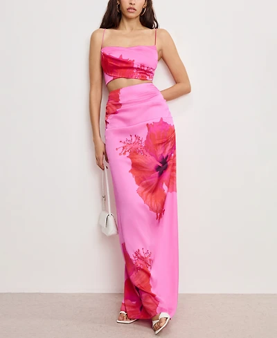 Good American Women's Satin Placed-Floral Maxi Skirt