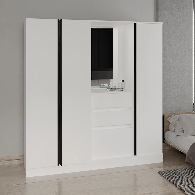Deseret Armoire, 4 Doors, 2 Drawers, 4 Shelves, 1 Mirror, White