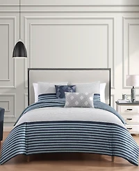 Bebejan Blue Geo Lines Bedding 100% Cotton Sateen 5 Piece Queen Size Reversible Comforter Set