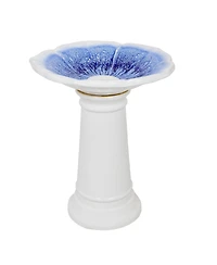 Misty Blossom Ceramic Bird Bath with Glazed Finish - White and Blue - 23" H