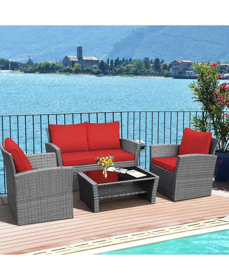 Gymax 4PCS Patio Rattan Conversation Set Outdoor Furniture Set w/ Red Cushions