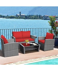 Gymax 4PCS Patio Rattan Conversation Set Outdoor Furniture Set w/ Red Cushions
