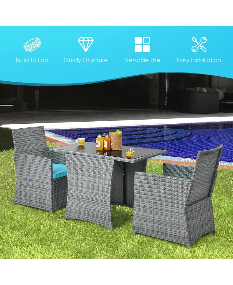 Gymax 3PCS Outdoor Rattan Conversation Set Patio Dining Table Set w/ Turquoise Cushions