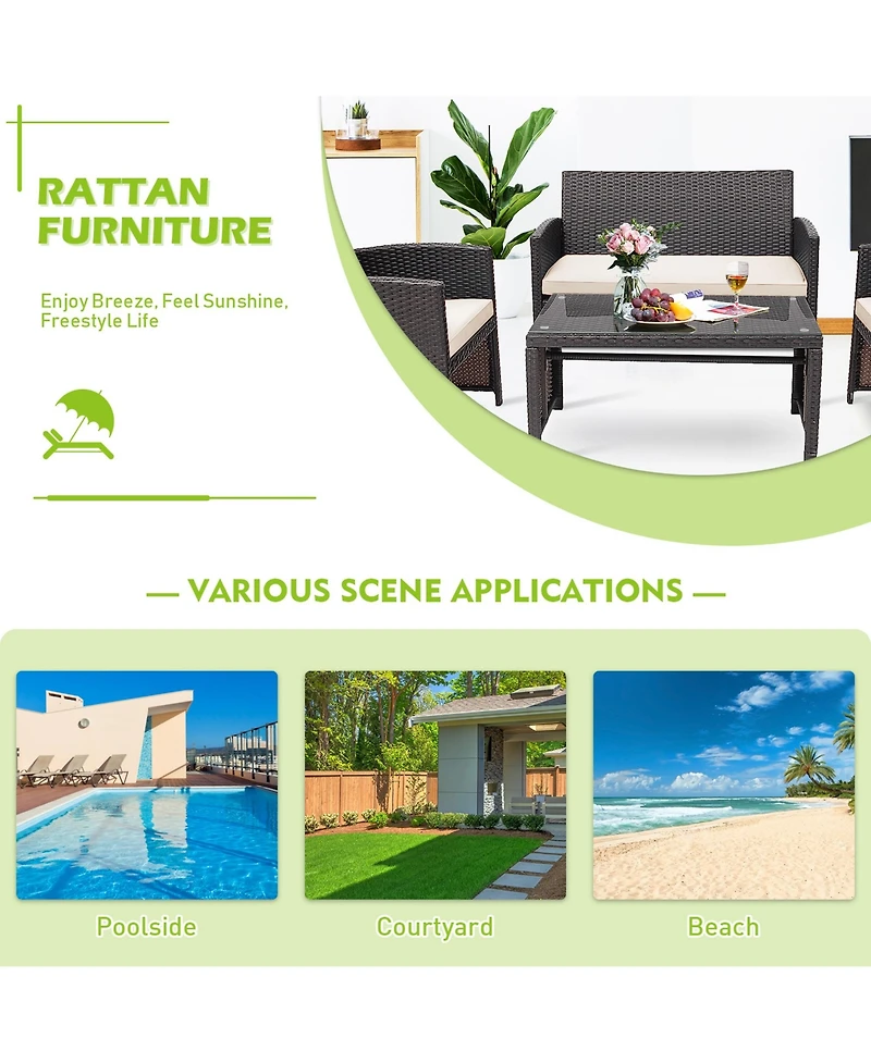 Gymax 8PCS Patio Conversation Set Outdoor Rattan Furniture Set w/ White Cushions