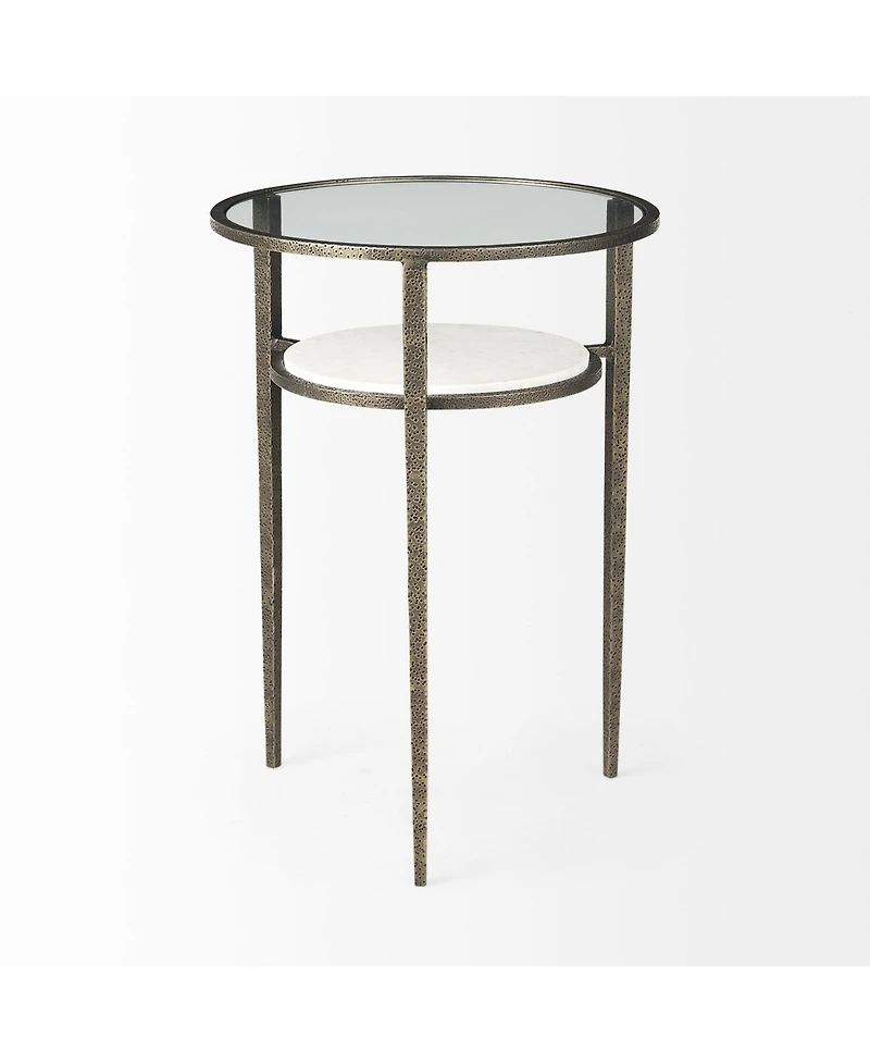 Glass and Metal Round End Table with Lower Shelf for Living Room