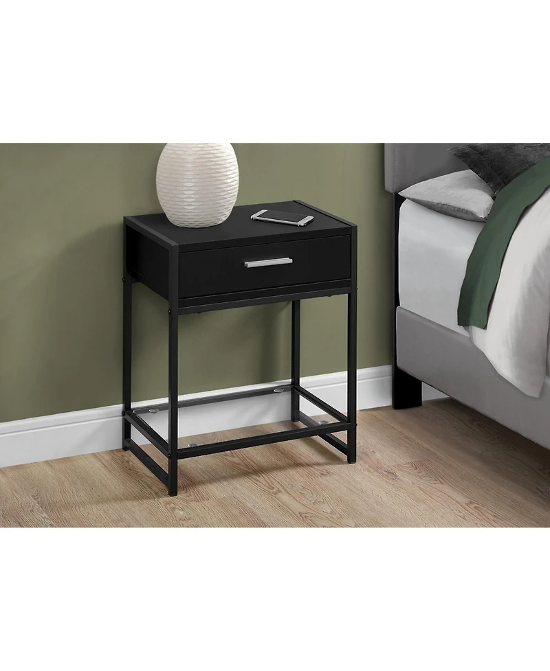 Contemporary End Table with Glass Top, Metal Frame, Drawer & Shelf