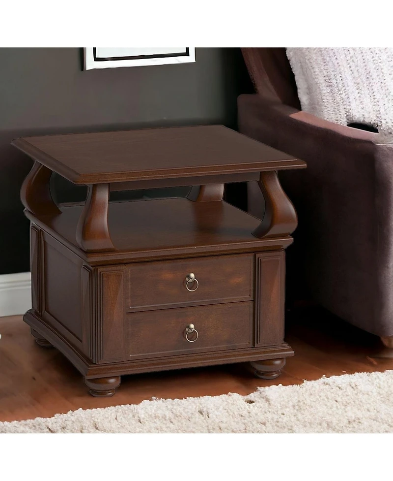 Sturdy Solid Wood Square End Table with Two Drawers and Open Shelf