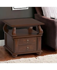 Sturdy Solid Wood Square End Table with Two Drawers and Open Shelf