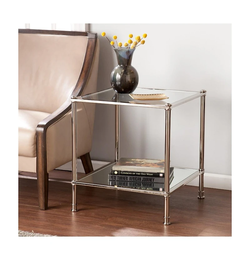 Glass and Iron Square Mirrored End Table for Living Room or Bedroom