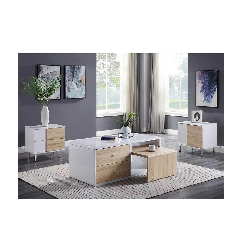 Modern Wood Look Rectangular Side Table with Dual Storage Drawers
