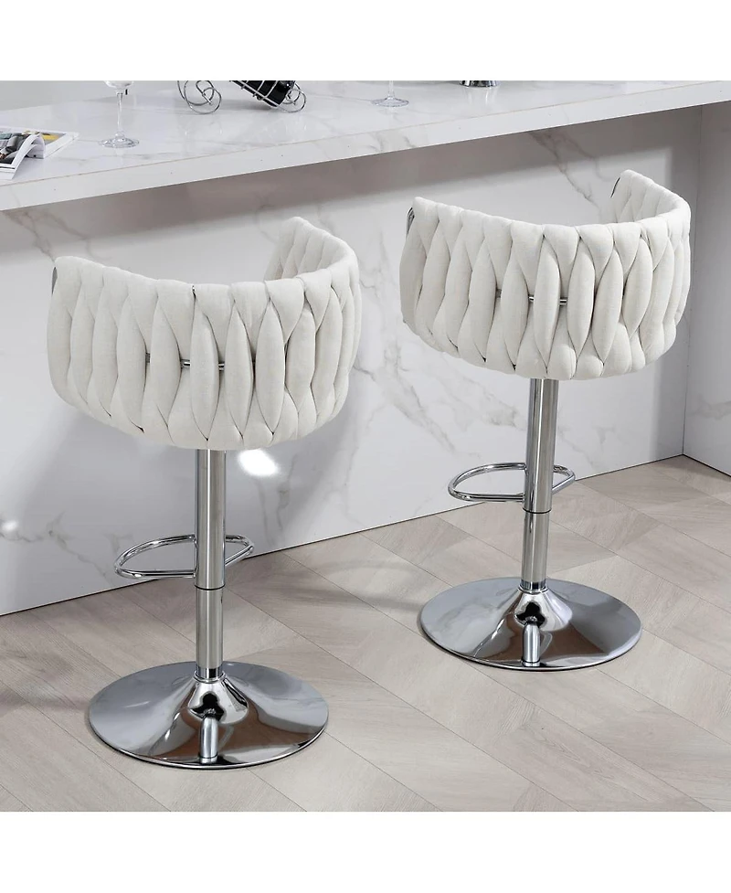 Set of 2 Adjustable Swivel Bar Stools with Woven Fabric Back, Footrest, Modern Counter Height Chairs for Kitchen or Bar-The Pop Home