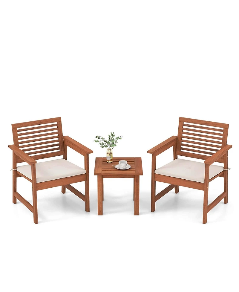 3 Pcs Patio Furniture Set with 2 Seat Cushions Coffee Table Solid Wood Chairs