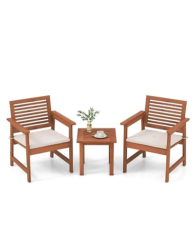 3 Pcs Patio Furniture Set with 2 Seat Cushions Coffee Table Solid Wood Chairs