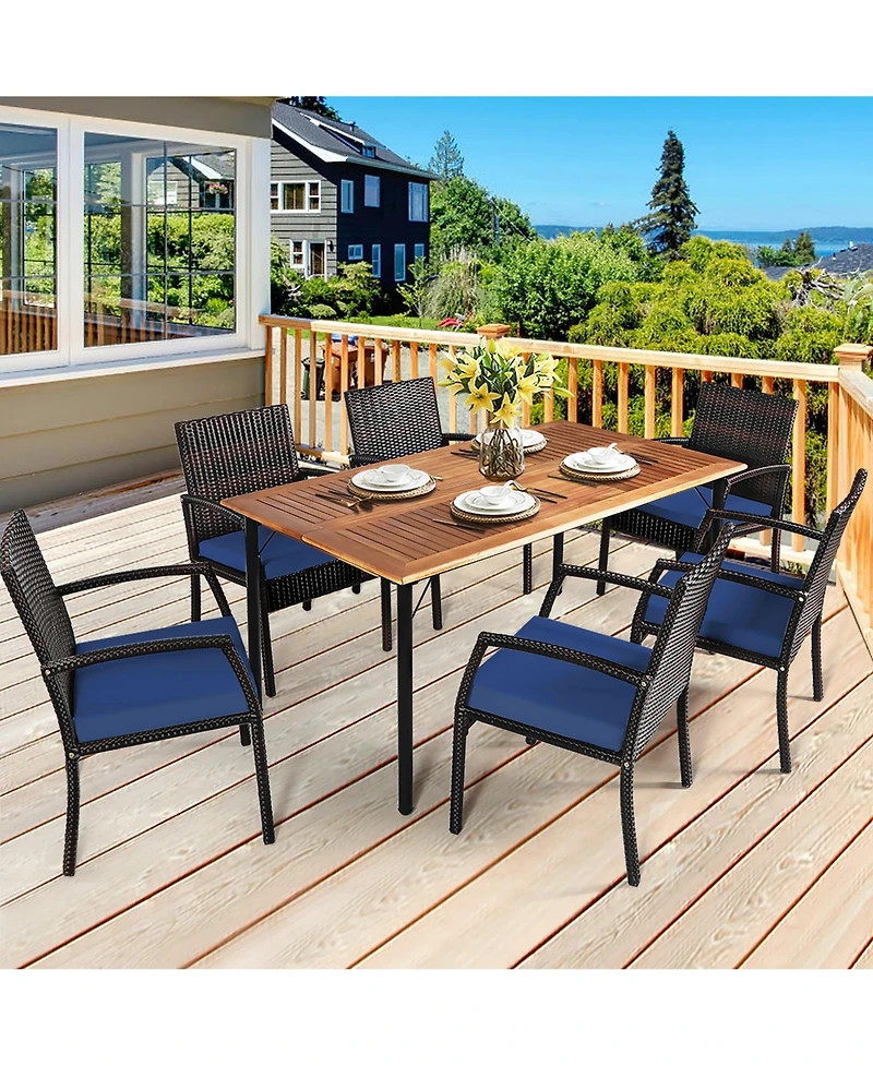 Gymax 7PCS Patio Dining Furniture Set Yard w/ Wooden Tabletop Navy Cushions