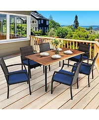 Gymax 7PCS Patio Dining Furniture Set Yard w/ Wooden Tabletop Navy Cushions