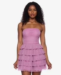 B Darlin Juniors' Strapless Side-Shirred Tiered Glitter Mini Dress