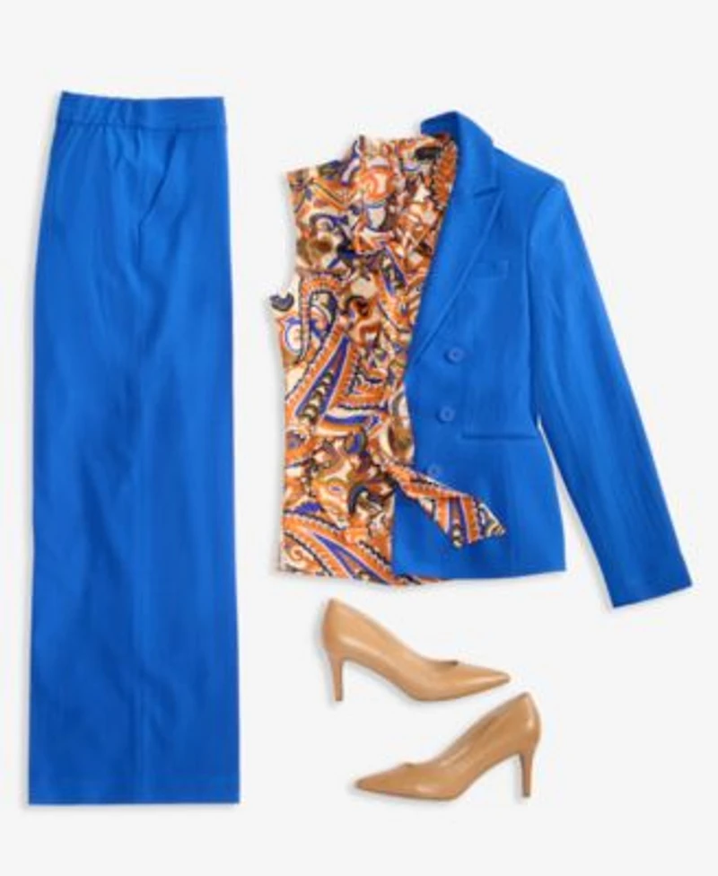 Tahari Asl Womens Clasp Blazer Wide Leg Pants Tie Neck Blouse Wide Leg Pants
