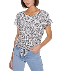 Belldini Women's Printed Eyelet Tie Front Knit Top