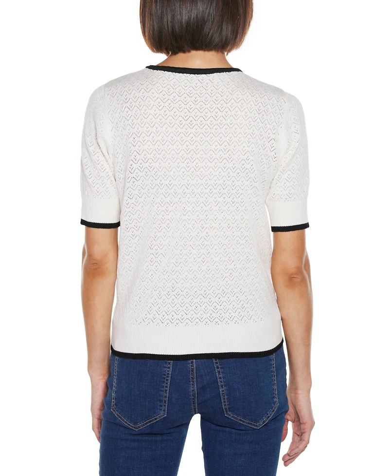 Belldini Women's Bow Detail Pointelle Short Sleeve Sweater