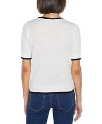 Belldini Women's Bow Detail Pointelle Short Sleeve Sweater