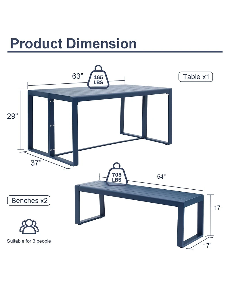Aoodor 3-Piece Outdoor Patio Dining Set, Aluminum Furniture Set with 1 Rectangular Picnic Table and 2 Benches for Garden, Lawn, Yard