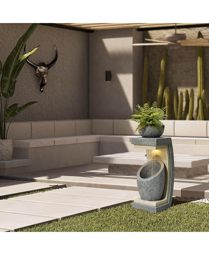 LuxenHome Gray Resin Column and Bowl Sculpture Outdoor Fountain with Lights