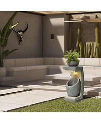 LuxenHome Gray Resin Column and Bowl Sculpture Outdoor Fountain with Lights