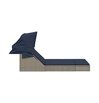 Double Sun Lounger with Canopy and Cushions Gray Poly Rattan
